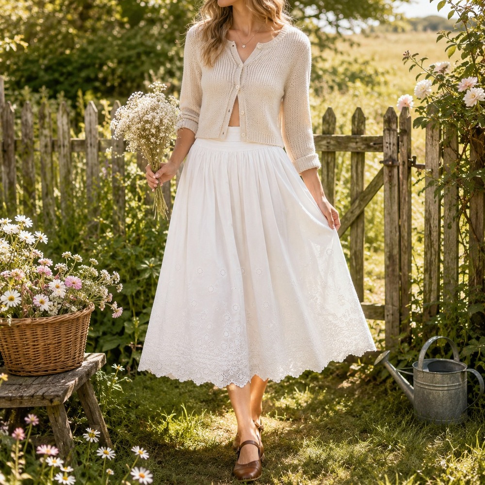 Eyelet Cotton Scalloped Hem Midi Skirt Sz 8 White Lined Cottage Boho Romantic